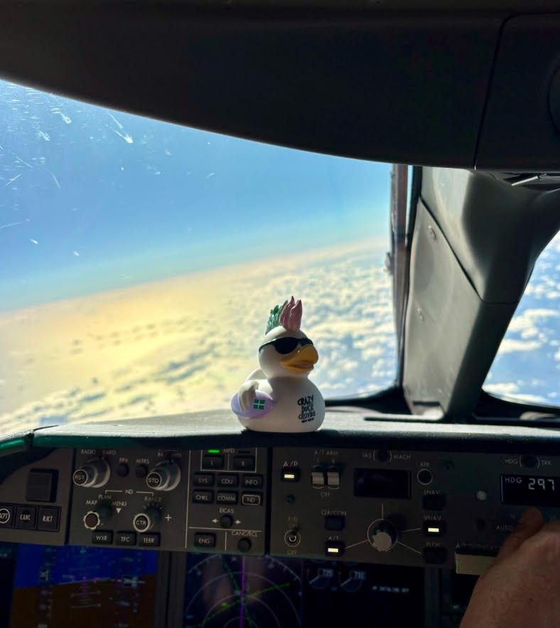 Reef the punk rubber duck on the dashboard of an aircraft flight deck, high above the clouds